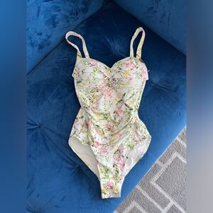 white pink and green floral one piece swimsuit NWT
